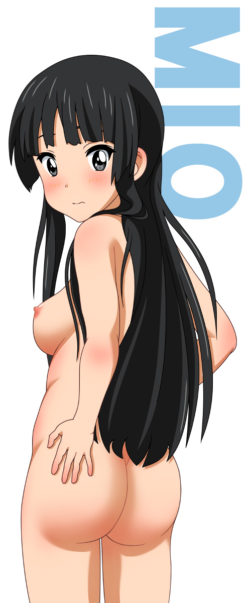 1girl akiyama_mio ass black_eyes black_hair blush breasts character_name female k-on! long_hair looking_back nipples nude rm_(rm32) simple_background solo white_background