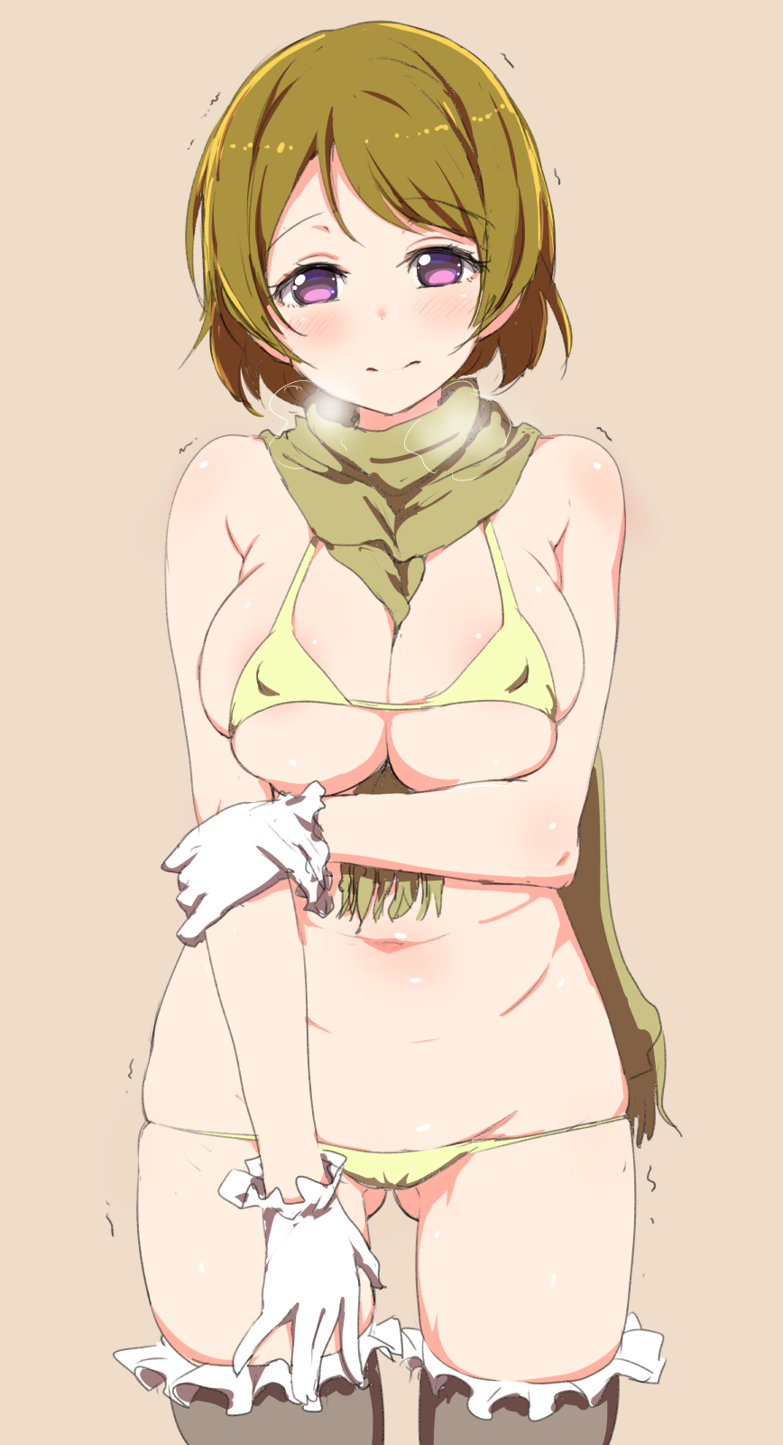 bikini blush breasts breath brown_hair clearite cleavage cold covered_nipples frilled_legwear gloves highres huge_breasts koizumi_hanayo looking_at_viewer love_live! love_live!_school_idol_project purple_eyes scarf short_hair sketch solo string_bikini swimsuit thighhighs trembling
