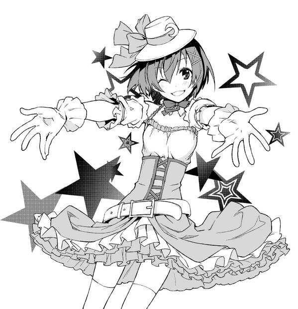 belt bow bowtie crescent dancing_stars_on_me! detached_collar dress frilled_dress frills gloves greyscale grin hat hat_ribbon high-waist_skirt hoshizora_rin image_sample looking_at_viewer love_live! love_live!_school_idol_project monochrome one_eye_closed outstretched_arms ribbon short_hair skirt smile solo star thighhighs twitter_sample ushiki_yoshitaka