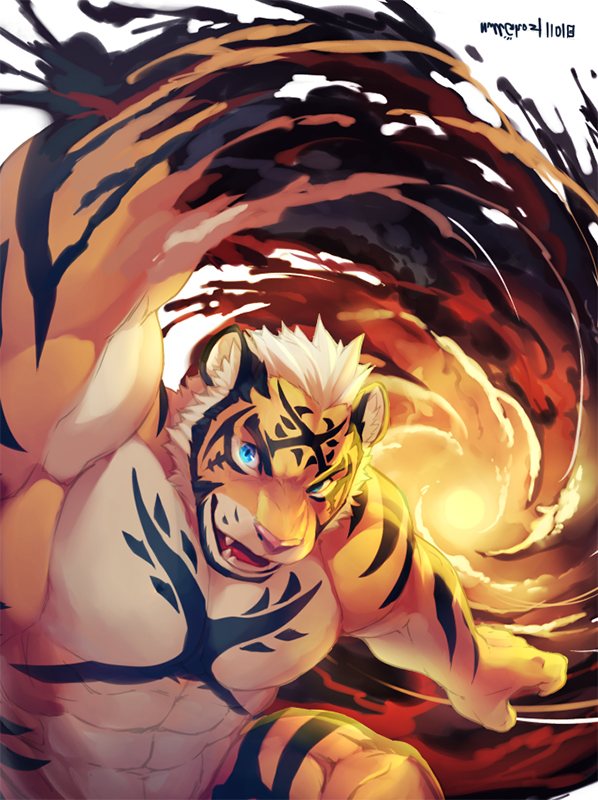 biceps big_muscles black_fur blue_eyes body_markings brown_fur fangs feline fur hair male mammal markings muscles nude null-ghost open_mouth orange_fur pecs pink_nose pose solo stripes tan_fur tattoo teeth tiger toned tongue tongue_out white_fur white_hair