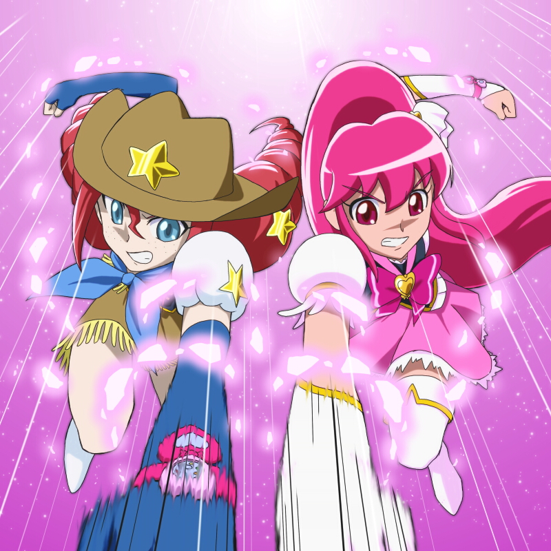 aino_megumi angry blue_eyes boots bow brooch brown_skirt clenched_hands clenched_teeth cowboy_hat cure_lovely fringe_trim full_body happinesscharge_precure! hat jewelry long_hair magical_girl moritakusan multiple_girls petals pink_background pink_bow pink_hair pink_skirt ponytail precure puffy_sleeves punching red_eyes red_hair red_haired_cure_(bomber_girls_precure)_(happinesscharge_precure!) ribbon skirt star symmetry teeth thigh_boots thighhighs twintails white_legwear wide_ponytail