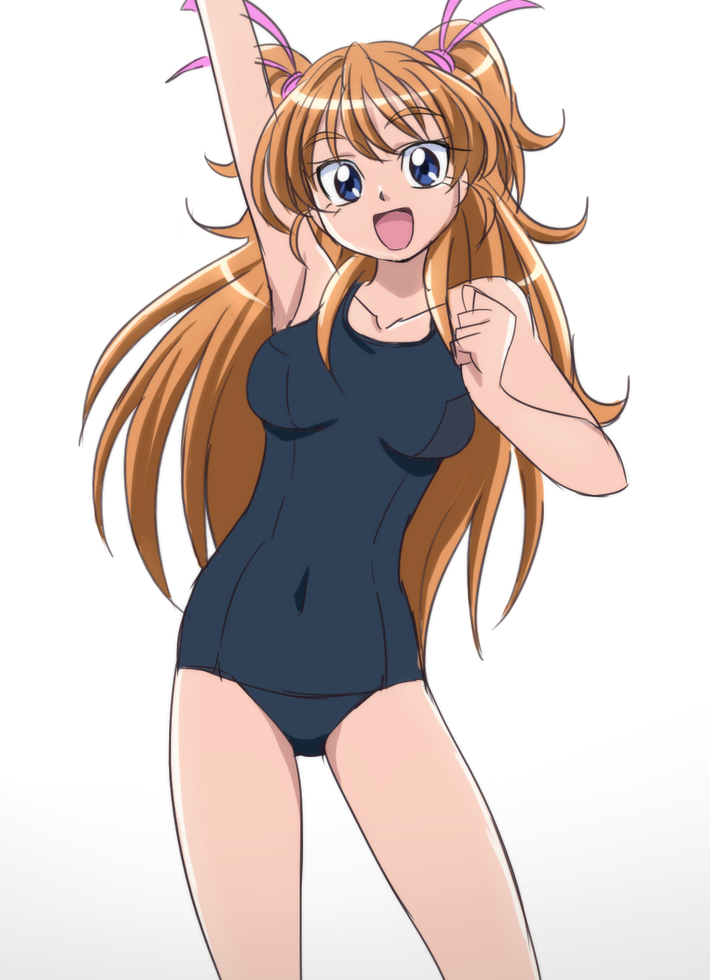 :d bare_shoulders blue_eyes breasts covered_navel hair_ribbon houjou_hibiki long_hair manji_(tenketsu) medium_breasts one-piece_swimsuit open_mouth orange_hair precure ribbon school_swimsuit smile solo suite_precure swimsuit two_side_up waving