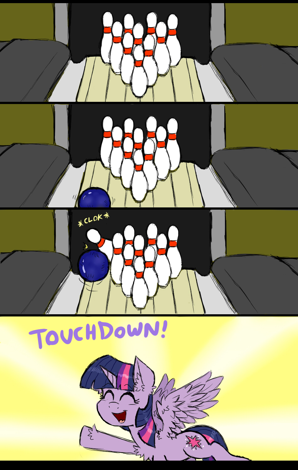 bowling bowling_ball bowling_pins cutie_mark dialog english_text equine eyes_closed fail female feral friendship_is_magic hair happy horn ichibangravity mammal multi-colored_hair my_little_pony purple_hair smile solo text twilight_sparkle_(mlp) winged_unicorn wings