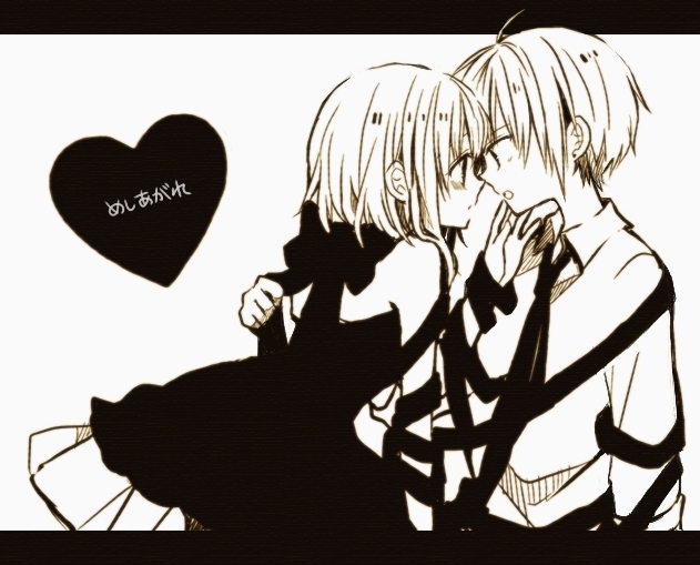 1boy 1girl ahoge anzu_(o6v6o) bangs blush collared_shirt dual_persona face-to-face genderswap genderswap_(ftm) gumi gumiya hand_on_another's_face heart hetero letterboxed monochrome necktie open_mouth ribbon selfcest sepia shirt short_hair_with_long_locks skirt tangle translation_request untying vocaloid