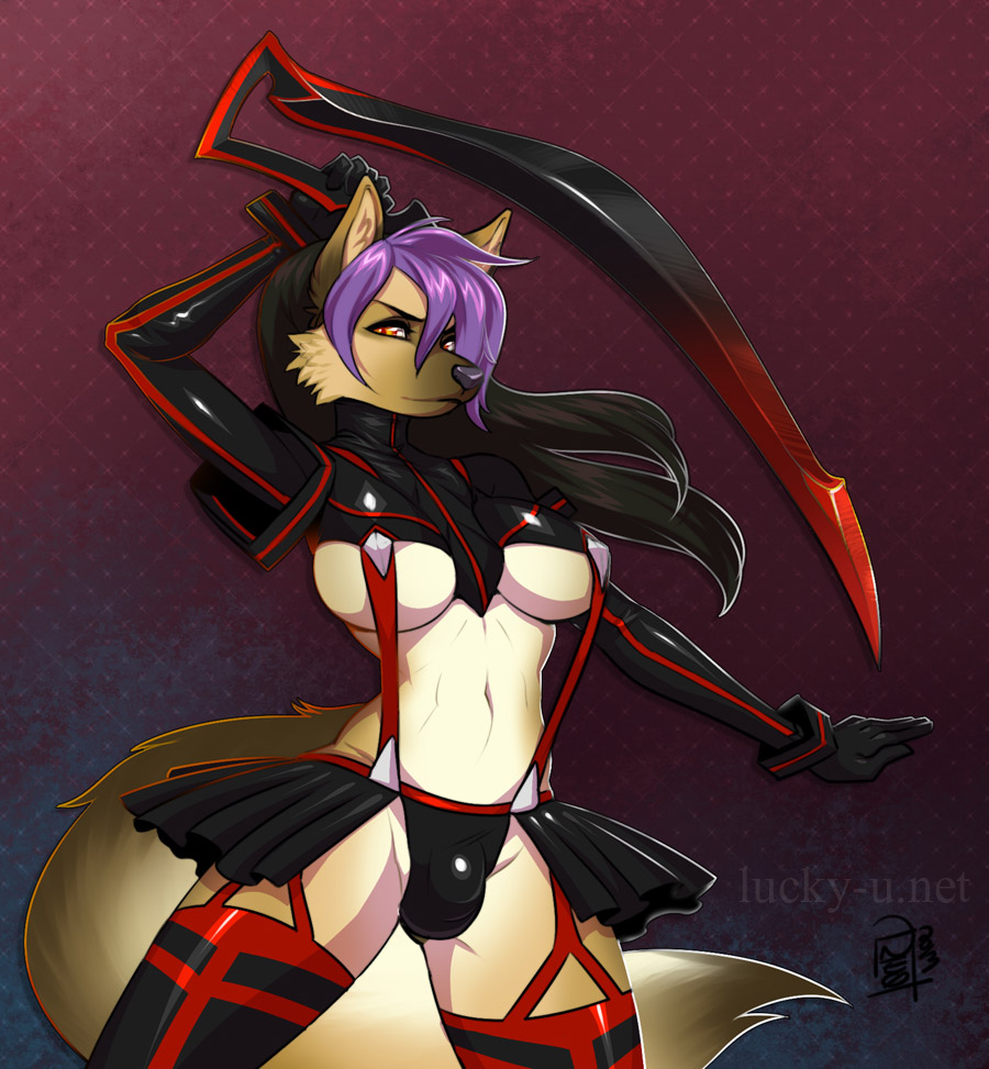 2013 brown_fur brown_hair bulge canine cosplay dickgirl fur hair intersex looking_at_viewer luckypan mammal multi-colored_hair pose purple_hair rubber simple_background thighs weapon