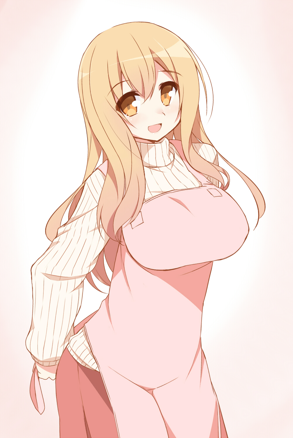 :d apron blonde_hair breasts highres hoppege large_breasts long_hair looking_at_viewer open_mouth ribbed_sweater simple_background smile solo sunohara_ayaka sunoharasou_no_kanrinin-san sweater turtleneck yellow_eyes
