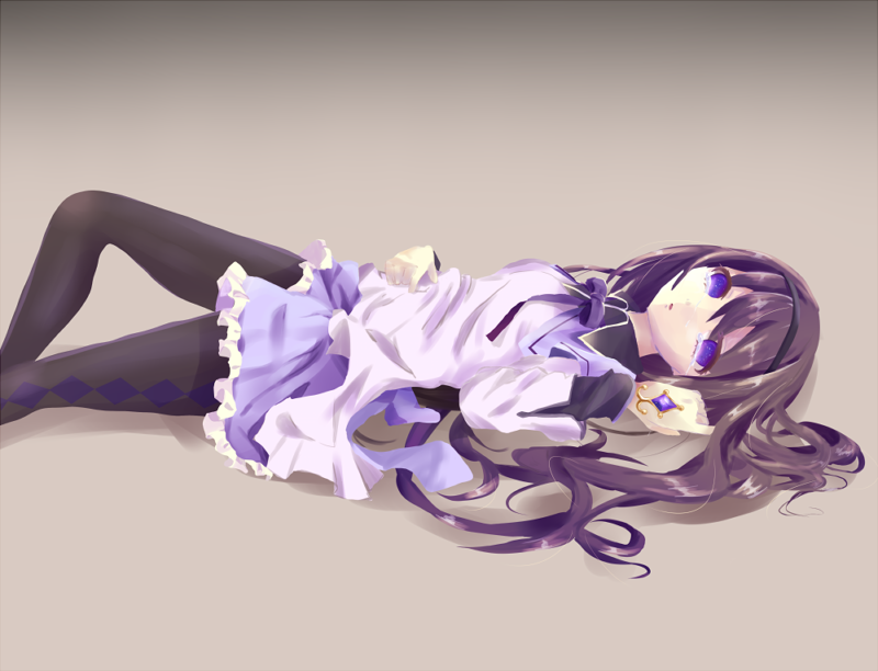 akemi_homura black_hair bow gradient gradient_background hand_in_hair long_hair looking_at_viewer lying magical_girl mahou_shoujo_madoka_magica on_back pantyhose purple_eyes simple_background skirt solo