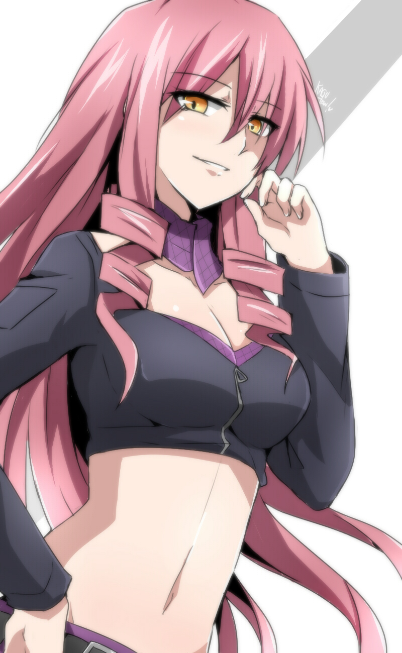 akuma_no_riddle artist_name breasts cleavage crop_top drill_hair hand_on_hip hand_on_own_cheek highres inukai_isuke kago-tan long_hair looking_at_viewer medium_breasts midriff navel open_mouth parted_lips pink_hair solo yellow_eyes