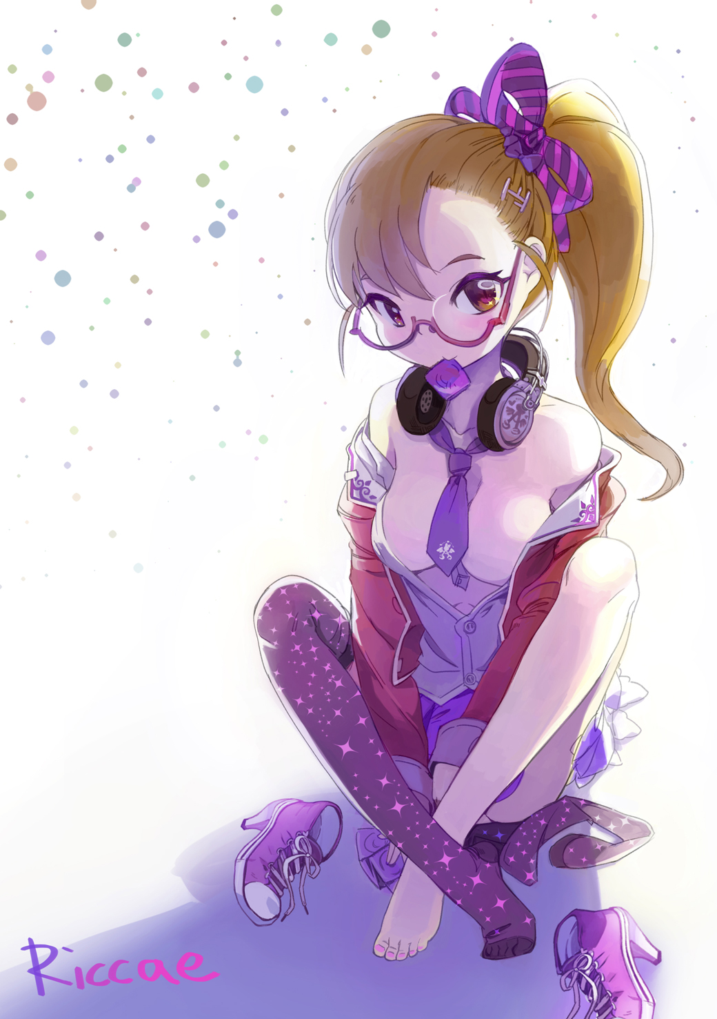 bespectacled breasts brown_eyes brown_hair cleavage condom condom_in_mouth feet futami_mami glasses hair_ornament hair_ribbon hairclip headphones headphones_around_neck highres idolmaster idolmaster_(classic) medium_breasts mouth_hold nail_polish open_clothes open_shirt ribbon riccae shirt short_hair side_ponytail single_thighhigh sitting solo star star_print thighhighs thighhighs_removed