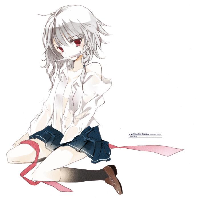 alternate_costume bad_id bad_twitter_id black_legwear braid cierra_(ra-bit) full_body hair_ornament izayoi_sakuya kneehighs knife long_sleeves looking_at_viewer off_shoulder open_clothes open_shirt red_eyes ribbon shirt shoes short_hair silver_hair simple_background sitting skirt solo text_focus touhou twin_braids white_background white_shirt