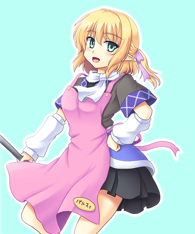 adapted_costume apron aqua_background arm_warmers blonde_hair green_eyes hand_on_hip isaki_(gomi) looking_at_viewer mizuhashi_parsee open_mouth pointy_ears scarf shirt short_sleeves simple_background skirt smile solo touhou