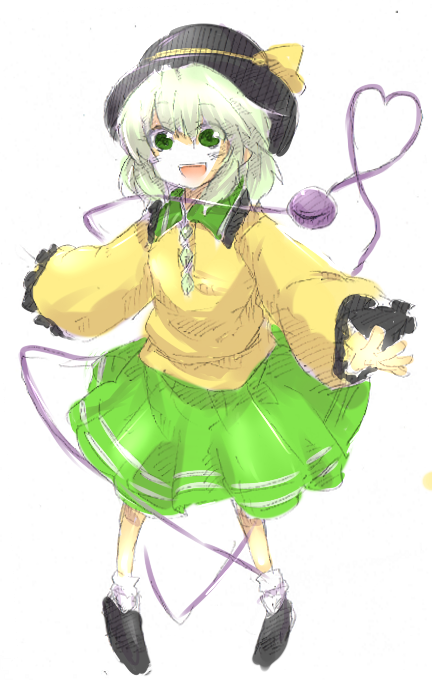 :d bad_id bad_pixiv_id full_body green_eyes green_skirt hat hat_ribbon heart heart_of_string komeiji_koishi long_sleeves open_mouth outstretched_arms pigeon-toed ribbon shoes simple_background skirt smile socks solo third_eye touhou wide_sleeves yuichiitan