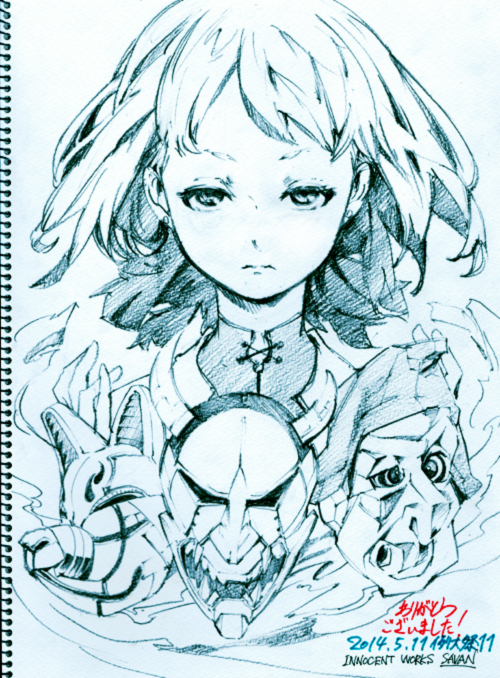 alternate_hair_length alternate_hairstyle artist_name dated expressionless hata_no_kokoro looking_at_viewer mask monochrome savan short_hair sketch solo thank_you touhou traditional_media