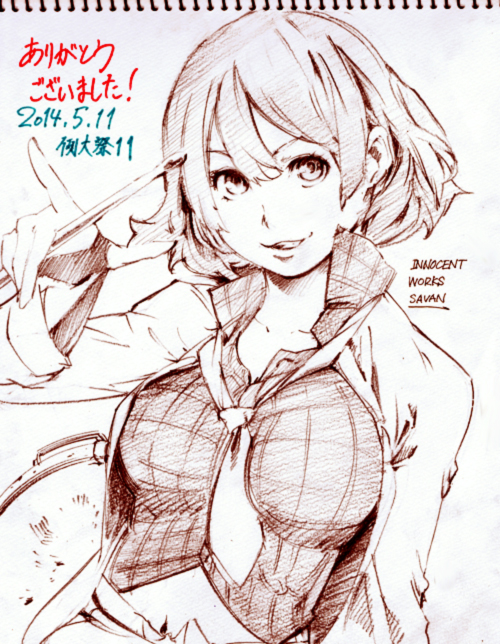 artist_name breasts dated drum drumsticks grin horikawa_raiko index_finger_raised instrument jacket looking_at_viewer medium_breasts monochrome necktie plaid plaid_skirt savan sketch skirt smile solo thank_you touhou traditional_media