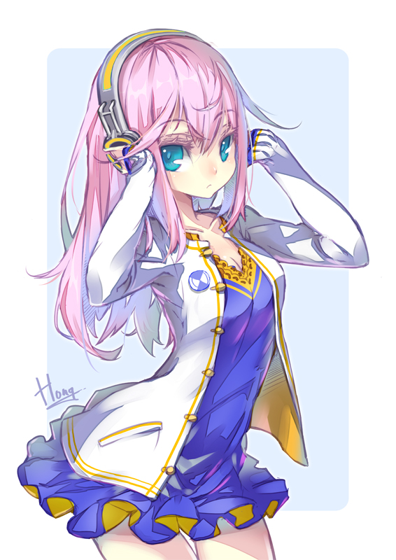 adjusting_hair blue_eyes breasts cleavage colored_eyelashes dress frills headphones hong_(white_spider) jacket long_hair medium_breasts open_clothes open_jacket original pink_hair short_dress signature solo