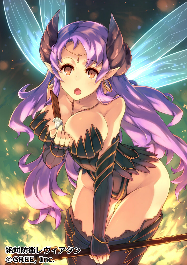 :o bare_shoulders blush bracelet breasts brown_eyes chocolate chocolate_bar circlet copyright_name earrings fairy_wings fingerless_gloves gloves horns jewelry keypot large_breasts leotard long_hair necklace open_mouth pointy_ears purple_hair solo staff wings zettai_bouei_leviathan