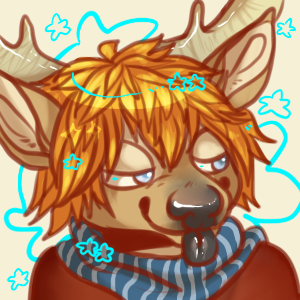 blue_eyes brown_fur cervine clothed clothing deer ferdinand fur hair horn male mammal princepaws red_hair scarf shirt skerren tongue