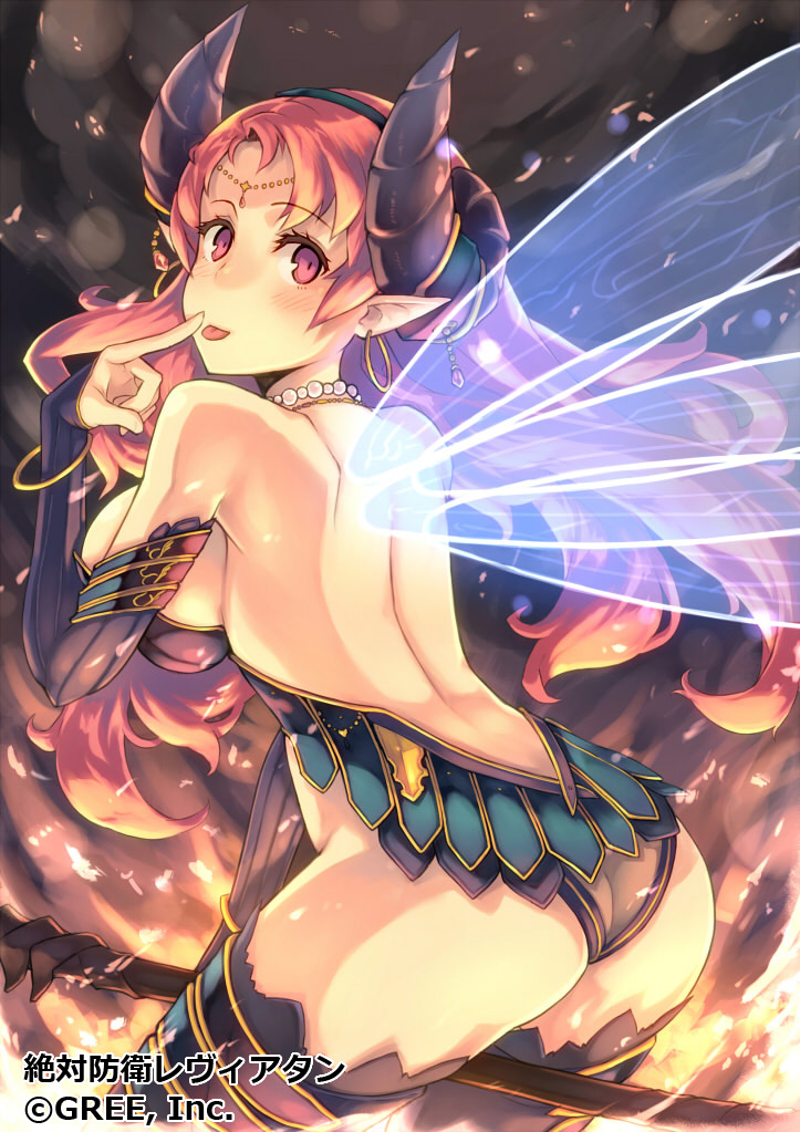 :p ass back blush bracelet breasts circlet copyright_name earrings fairy_wings finger_to_cheek fire horns jewelry keypot large_breasts long_hair pink_eyes pink_hair pointy_ears solo tongue tongue_out wings zettai_bouei_leviathan