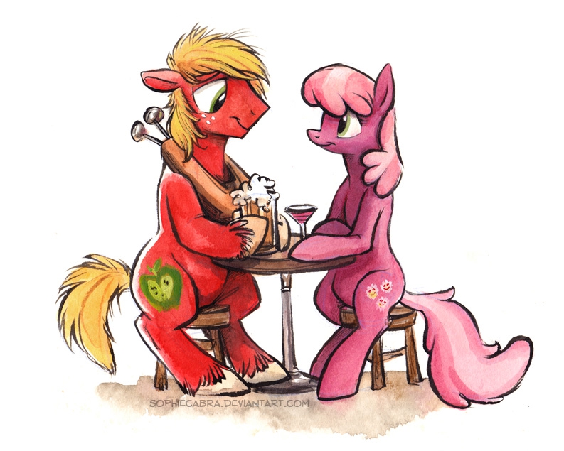 big_macintosh_(mlp) blonde_hair cheerilee_(mlp) cider couple cutie_mark duo equine female foam freckles friendship_is_magic glass green_eyes hair horse male mammal martini_glas martini_glass my_little_pony pink_hair plain_background pony sitting sophiecabra stool table two_tone_hair white_background