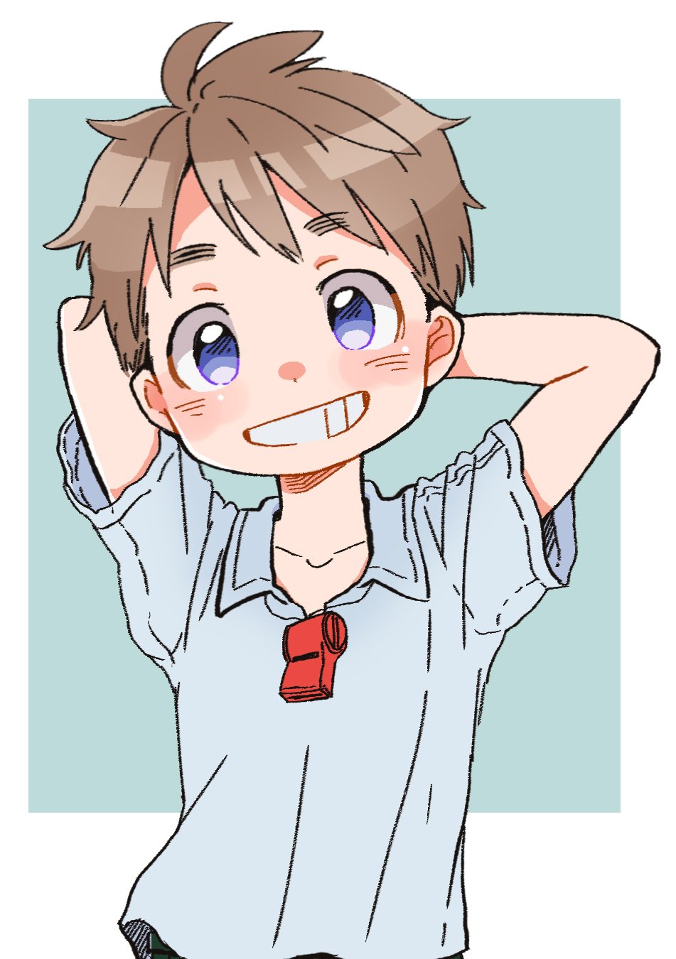 1boy arms_behind_head blue_background blue_shirt blush brown_hair collared_shirt commentary_request eyebrows_visible_through_hair grin highres looking_at_viewer made_in_abyss male_focus purple_eyes shirt short_sleeves simple_background smile solo standing upper_body usuki_(usukine1go) whistle