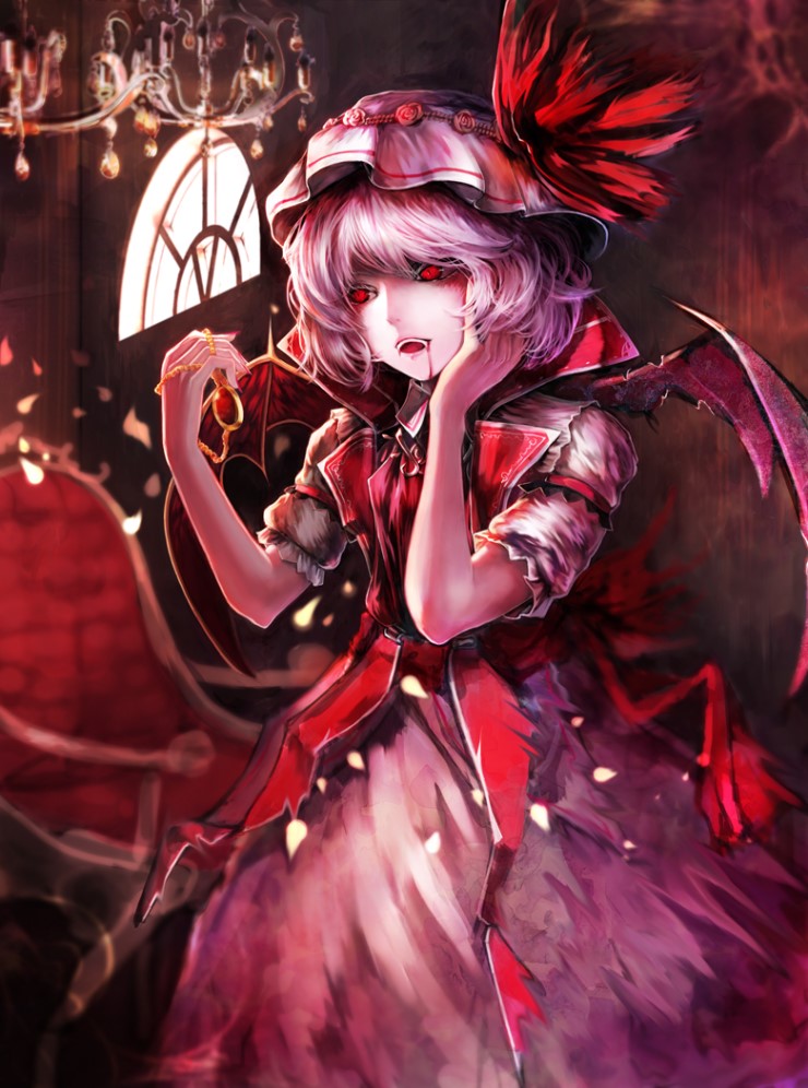 alternate_costume bad_id bad_pixiv_id bat_wings blood blood_on_face blurry chair chandelier depth_of_field dress hand_on_own_face hat hat_ribbon indoors jewelry koumajou_densetsu mob_cap more3604 necklace pendant pink_hair red_eyes remilia_scarlet ribbon short_hair short_sleeves skirt slit_pupils solo touhou vampire vest wings
