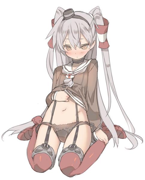 amatsukaze_(kantai_collection) black_panties blade_(galaxist) blush brown_eyes choker commentary_request dress full_body garter_straps jpeg_artifacts kantai_collection long_hair long_sleeves navel panties sailor_dress shirt_lift side-tie_panties silver_hair simple_background sitting solo suspenders thighhighs two_side_up underwear wariza white_background