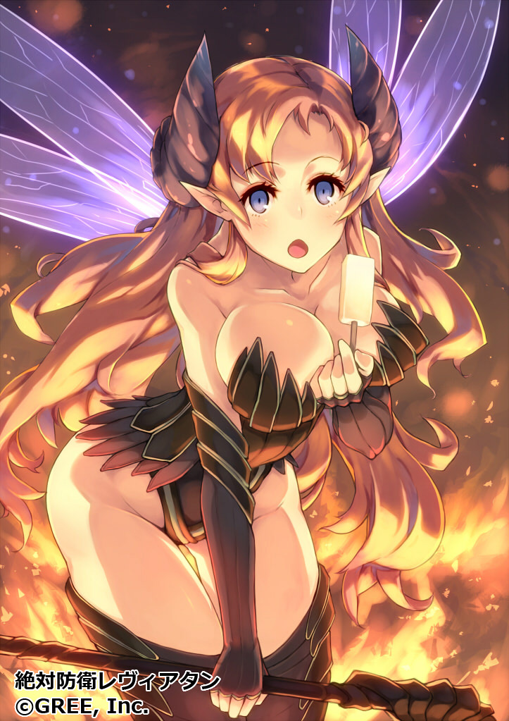 :o bare_shoulders blonde_hair blue_eyes blush breasts copyright_name fairy_wings fingerless_gloves food gloves horns ice_cream keypot large_breasts leotard long_hair open_mouth pointy_ears solo staff wings zettai_bouei_leviathan