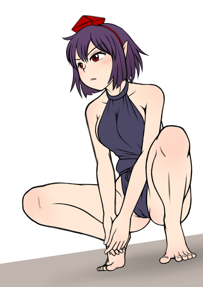 barefoot black_hair commentary_request expressionless feet hat iromeki_overdrive leotard looking_up pointy_ears red_eyes shameimaru_aya short_hair sleeveless solo squatting tiptoes toes tokin_hat touhou