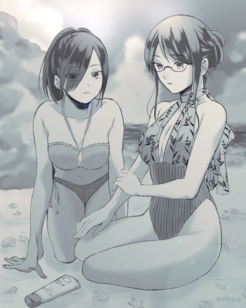2girls alternate_hairstyle artist_name bare_arms bare_legs bare_shoulders beach bikini breasts cleavage closed_mouth cloud collarbone eyebrows_visible_through_hair eyes_visible_through_hair glasses greyscale hair_behind_ear hair_between_eyes hair_over_one_eye hand_on_ground hand_on_own_arm kamishiro_rize kirishima_touka large_breasts looking_at_another lotion medium_hair monochrome multiple_girls nabe-box ponytail purple_hair sand shell short_ponytail striped striped_bikini sunscreen swimsuit tokyo_ghoul water
