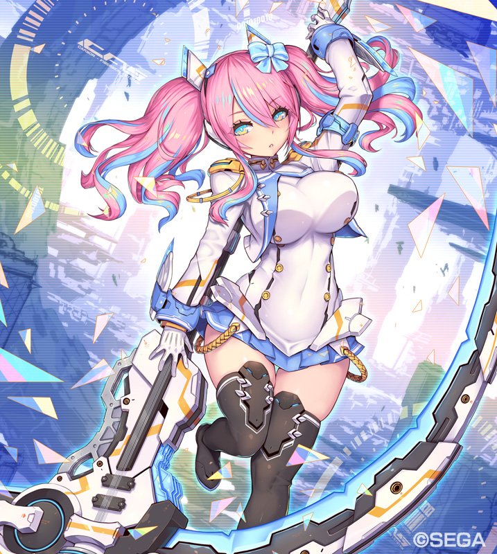 1girl 2d black_legwear blue_background blue_bow blue_eyes blue_skirt blush bow breasts bright_pupils chunithm_star commentary_request eyebrows_visible_through_hair hair_between_eyes hair_bow hand_up holding holding_sword holding_weapon large_breasts long_hair multicolored multicolored_eyes multicolored_hair parted_lips pink_hair pleated_skirt shirt skirt solo standing standing_on_one_leg streaked_hair sword thighhighs twintails watermark weapon white_shirt
