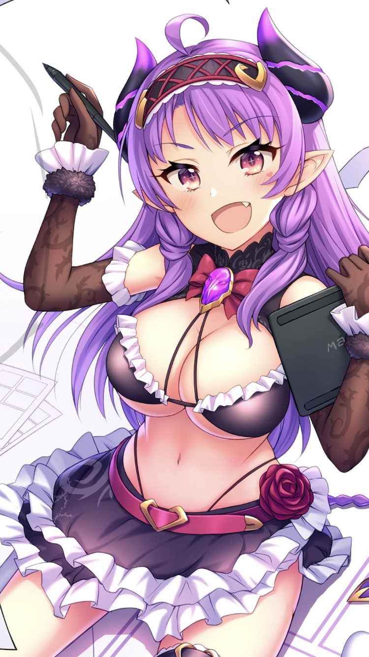 +_+ 1girl :d ahoge bangs bikini black_bikini blush bow bowtie breasts brown_gloves commentary_request demon_girl demon_horns drawing_tablet elbow_gloves eyebrows_visible_through_hair fang gem gloves hairband highleg highleg_bikini highres holding horns large_breasts long_hair looking_at_viewer navel open_mouth original oyaji-sou purple_eyes purple_hair red_neckwear sitting smile solo stylus succubus swimsuit thighhighs wrist_cuffs