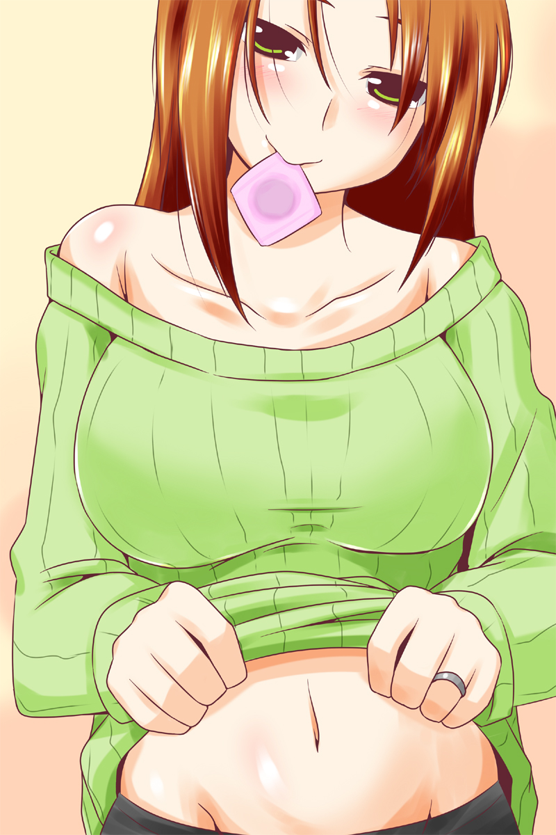 bare_shoulders breasts brown_hair clothes_lift condom condom_in_mouth green_eyes highres jewelry large_breasts looking_at_viewer midriff mouth_hold navel nishi_koutarou original ribbed_sweater ring smile solo sweater sweater_lift