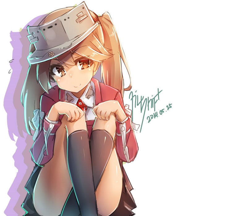 2014 brown_eyes brown_hair dated kantai_collection long_hair ryuujou_(kantai_collection) signature smile socks solo tilt-shift twintails visor_cap