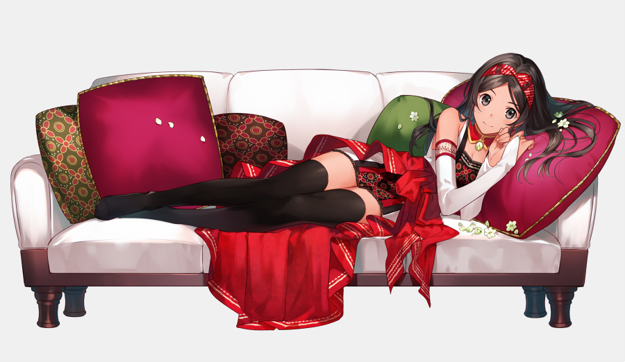 1girl asahikawa_hiyori bangs bare_shoulders black_eyes black_hair black_legwear breasts bridal_gauntlets cleavage closed_mouth couch cushion detached_collar dress elbow_gloves gloves grey_background hairband long_hair looking_at_viewer lying no_shoes on_couch on_side original parted_bangs pillow red_skirt short_dress simple_background skirt smile solo thighhighs white_dress white_gloves
