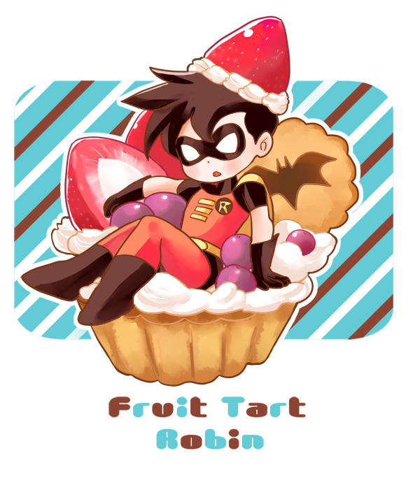 1boy bat_(symbol) batman_(series) berry black_hair boots cape character_name dc_comics domino_mask food fruit gloves imo_(ume_syrop) male male_focus mask md5_mismatch miniboy pastry robin_(dc) solo strawberry tim_drake