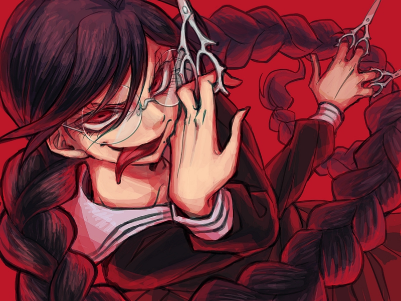 black_hair braid danganronpa danganronpa_1 genocider_shou glasses looking_at_viewer mole mole_under_mouth panier2 red_background red_eyes sailor_collar school_uniform scissors simple_background solo spoilers tongue tongue_out twin_braids