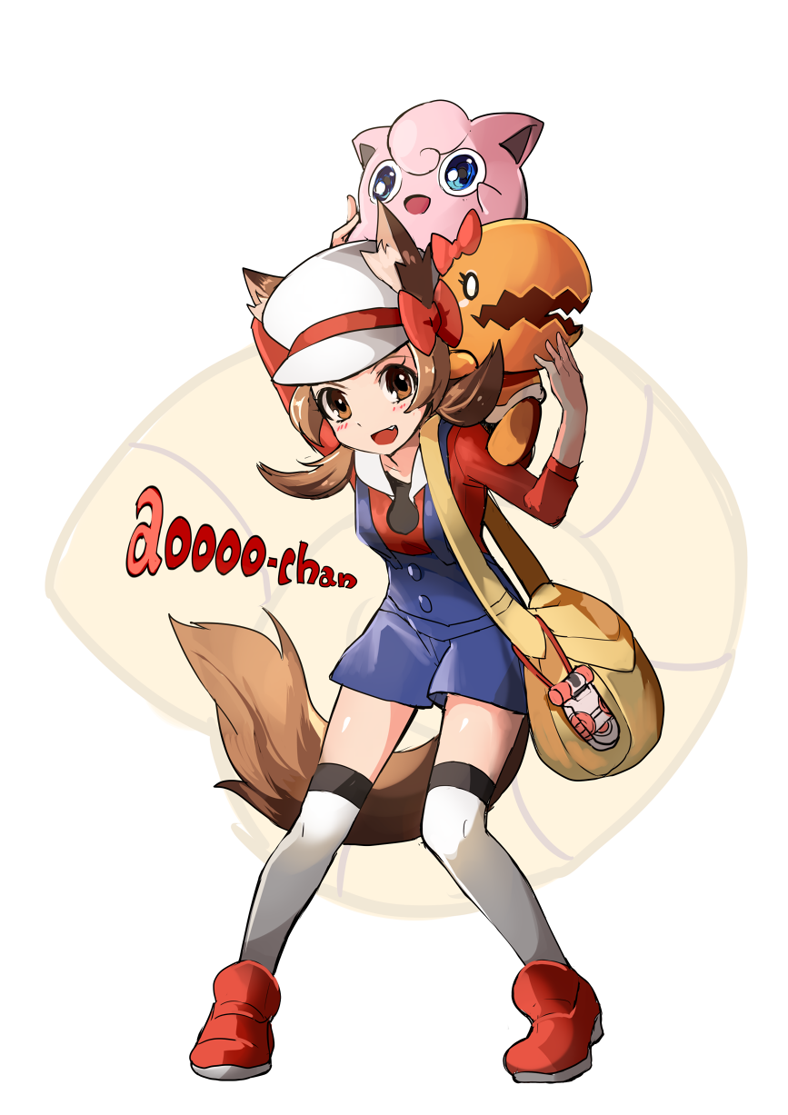 animal_ears bag bangs blush bow brown_eyes brown_hair buttons character_name collarbone eyelashes fang gen_1_pokemon gen_3_pokemon hair_bow hat helix_fossil highres jigglypuff kotone_(pokemon) looking_at_viewer mizushirazu open_mouth pokemon pokemon_(creature) pokemon_(game) pokemon_hgss shoes short_hair short_twintails sidelocks smile tail thighhighs trapinch twintails twitch_plays_pokemon wolf_ears wolf_tail zettai_ryouiki