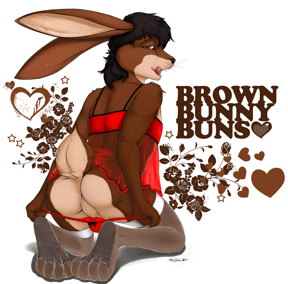 &lt;3 anus black_hair black_nose brown_eyes brown_fur bulge butt claws crossdressing curled_toes english_text fur girly hair hindpaw kneeling lagomorph legwear licking licking_lips looking_at_viewer looking_back male mammal nightgown panties pantyhose paws perineum plain_background presenting presenting_hindquarters rabbit short_hair smile solo stockings text tongue tongue_out truegrave9 underwear whiskers white_background white_fur