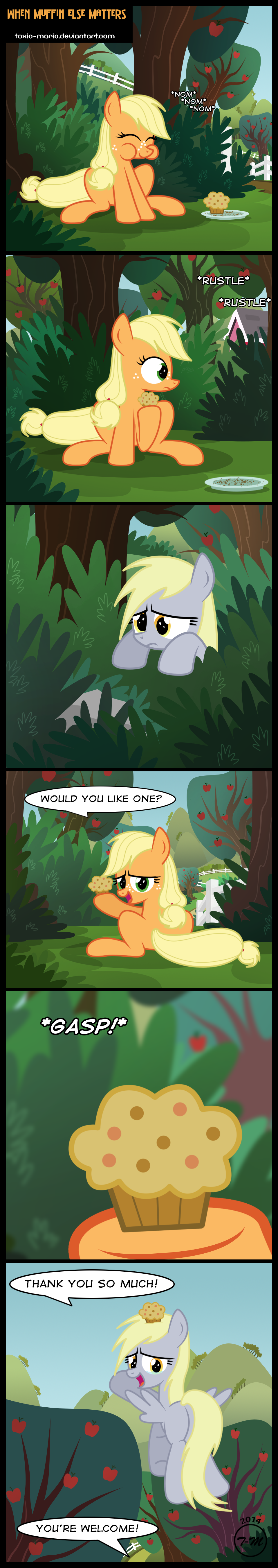 apple applejack_(mlp) blonde_hair bush comic derp_eyes derpy_hooves_(mlp) dialog duo earth_pony eating english_text equine female fence flying food freckles friendship_is_magic fruit green_eyes hair horse mammal muffin my_little_pony outside pegasus plate pony sitting tears text toxic-mario tree wings yellow_eyes