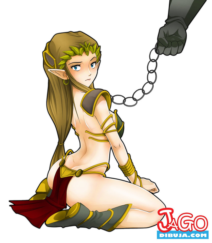 blue_eyes butt chain clothing female hair jhon_alexander kneeling looking_at_viewer plain_background princess_zelda slave solo video_games wariza white_background