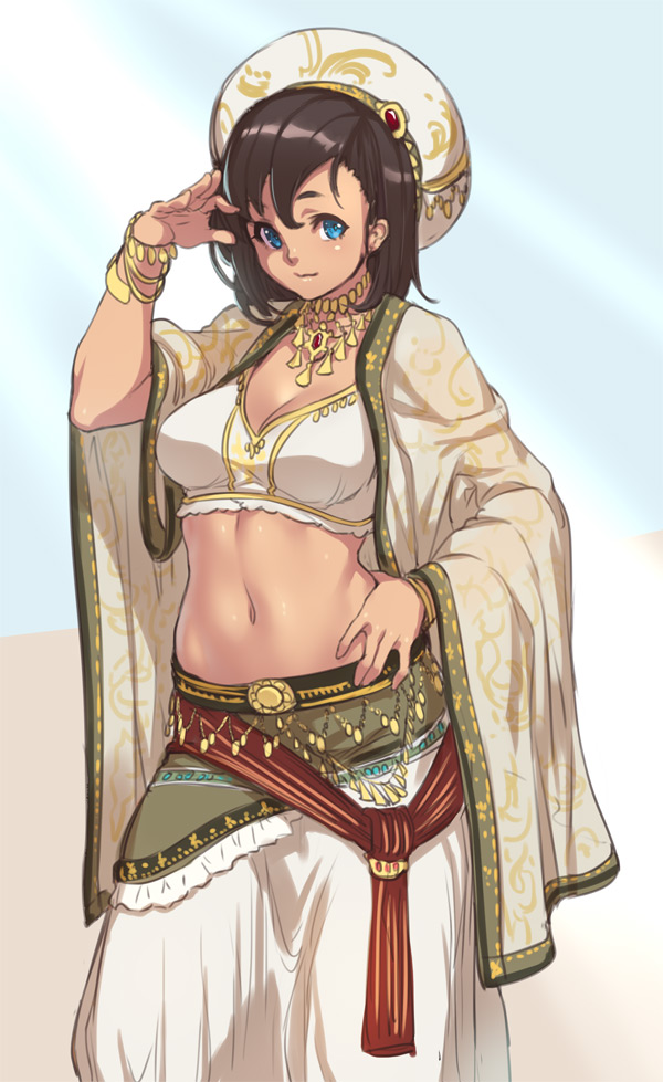 arabian_clothes black_hair blue_eyes blush bracelet breasts cleavage hand_on_hip hat houtengeki jewelry large_breasts looking_at_viewer midriff navel necklace original short_hair smile solo