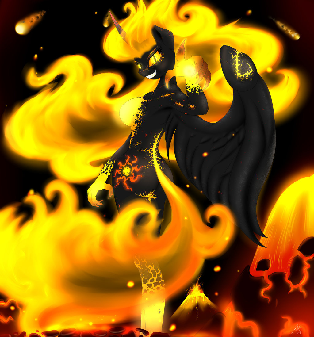 anthro black_fur blumagpie breasts claws corrupted cutie_mark equine evil_smile feathers female fingers fire flaming_hair friendship_is_magic fur hair hands horn horse looking_at_viewer mammal my_little_pony pony princess_celestia_(mlp) slit_eyes smile solar_flare solo standing volcano winged_unicorn wings yellow_eyes