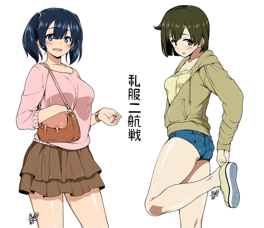 :d adjusting_clothes adjusting_shoe alternate_costume artist_name bag bare_legs black_hair blue_eyes blush breasts brown_eyes brown_hair casual contemporary handbag hiryuu_(kantai_collection) hyouju_issei kantai_collection large_breasts looking_at_viewer multiple_girls no_socks open_mouth shoes short_hair short_shorts shorts signature skirt smile souryuu_(kantai_collection) twintails white_background