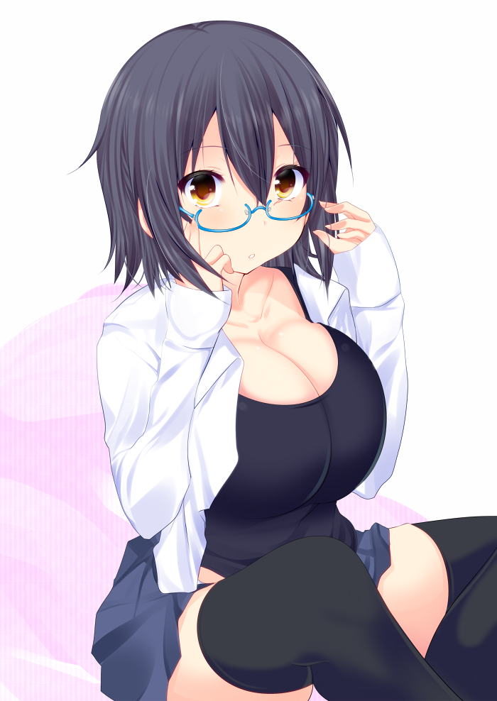 adjusting_eyewear bad_id bad_pixiv_id bespectacled blush breasts cleavage glasses haruta_(806060) huge_breasts kantai_collection looking_at_viewer no_eyepatch open_mouth purple_hair short_hair skirt solo tenryuu_(kantai_collection) thighhighs