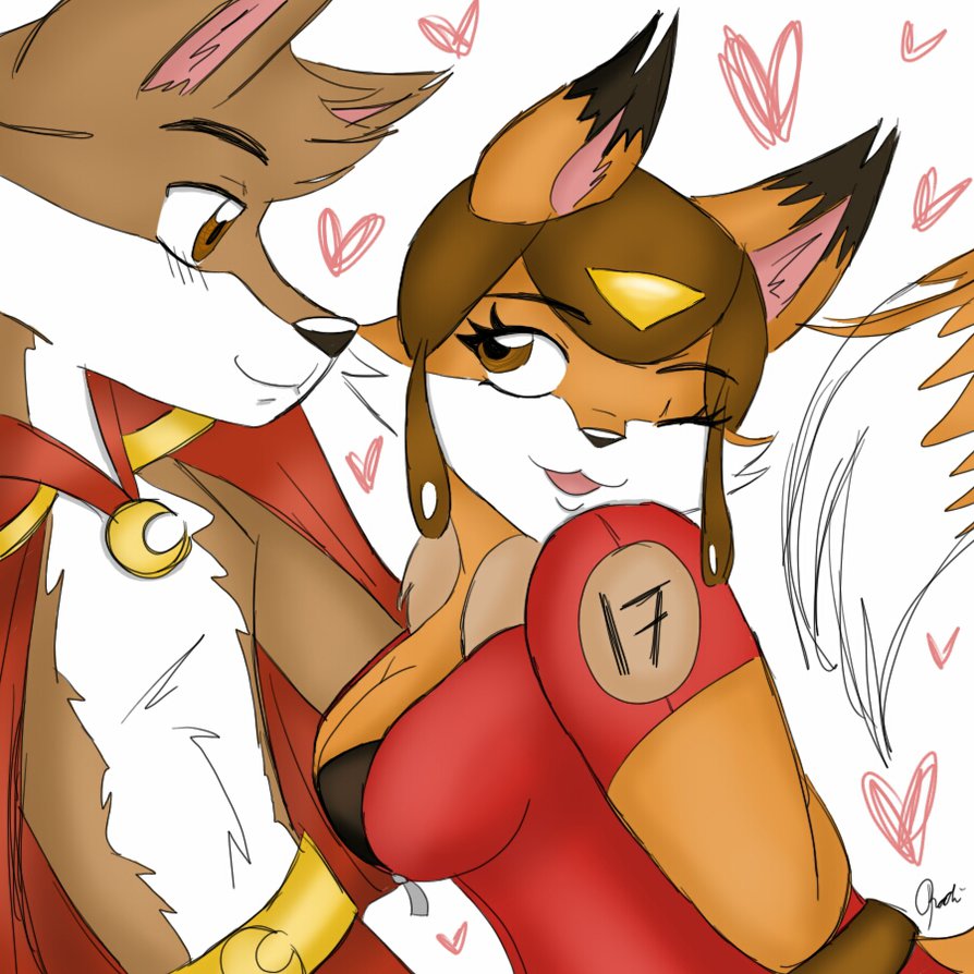 amazing-rannybella anthro aviator_hat awesomenauts belt breasts canine cape cleavage clothed clothing cute duo female fox leaning leaning_forward male mammal one_eye_closed penny_fox pose smile solo straight suit wink wolf