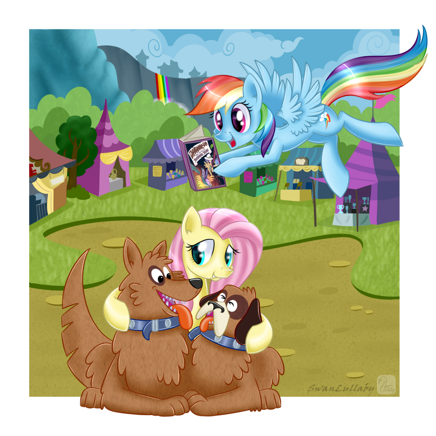 blue_eyes book bush canine cloud collar crocodile cutie_mark daring_do_(mlp) dog equine fangs female fluttershy_(mlp) flying friendship_is_magic grass group hair mammal multi-colored_hair my_little_pony orthros_(mlp) outside pegasus pink_hair purple_eyes rainbow rainbow_dash_(mlp) rainbow_hair reading reptile scalie sharp_teeth sitting swanlullaby teeth tent tongue tongue_out tree water waterfall wings