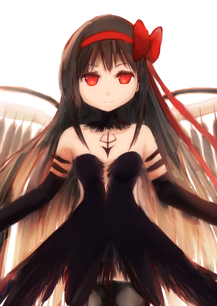 akemi_homura akuma_homura argyle argyle_legwear bare_shoulders black_gloves black_hair black_wings bow choker dress elbow_gloves feathered_wings gloves hair_bow long_hair looking_at_viewer mahou_shoujo_madoka_magica mahou_shoujo_madoka_magica_movie mami_lmg_(giruga3) red_eyes simple_background smile solo spoilers thighhighs white_background wings zettai_ryouiki