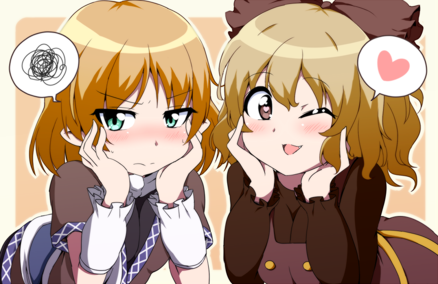 arm_warmers blonde_hair blush bow brown_dress brown_eyes bwell dress fang green_eyes hair_bow hands_on_own_cheeks hands_on_own_face heart heart-shaped_pupils kurodani_yamame long_sleeves looking_at_viewer mizuhashi_parsee multiple_girls one_eye_closed open_mouth sash shirt short_sleeves smile spoken_heart spoken_squiggle squiggle symbol-shaped_pupils tareme touhou tsurime