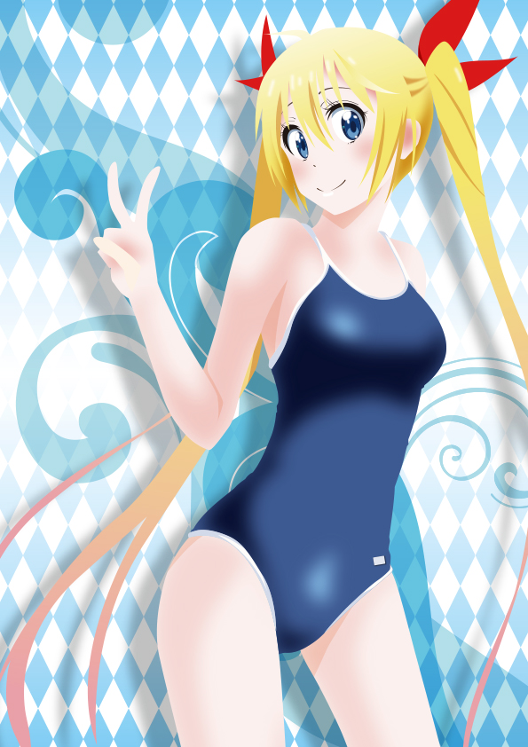 bad_id bad_pixiv_id blonde_hair blue_eyes competition_school_swimsuit kirisaki_chitoge long_hair nisekoi one-piece_swimsuit school_swimsuit swimsuit twintails v wanco