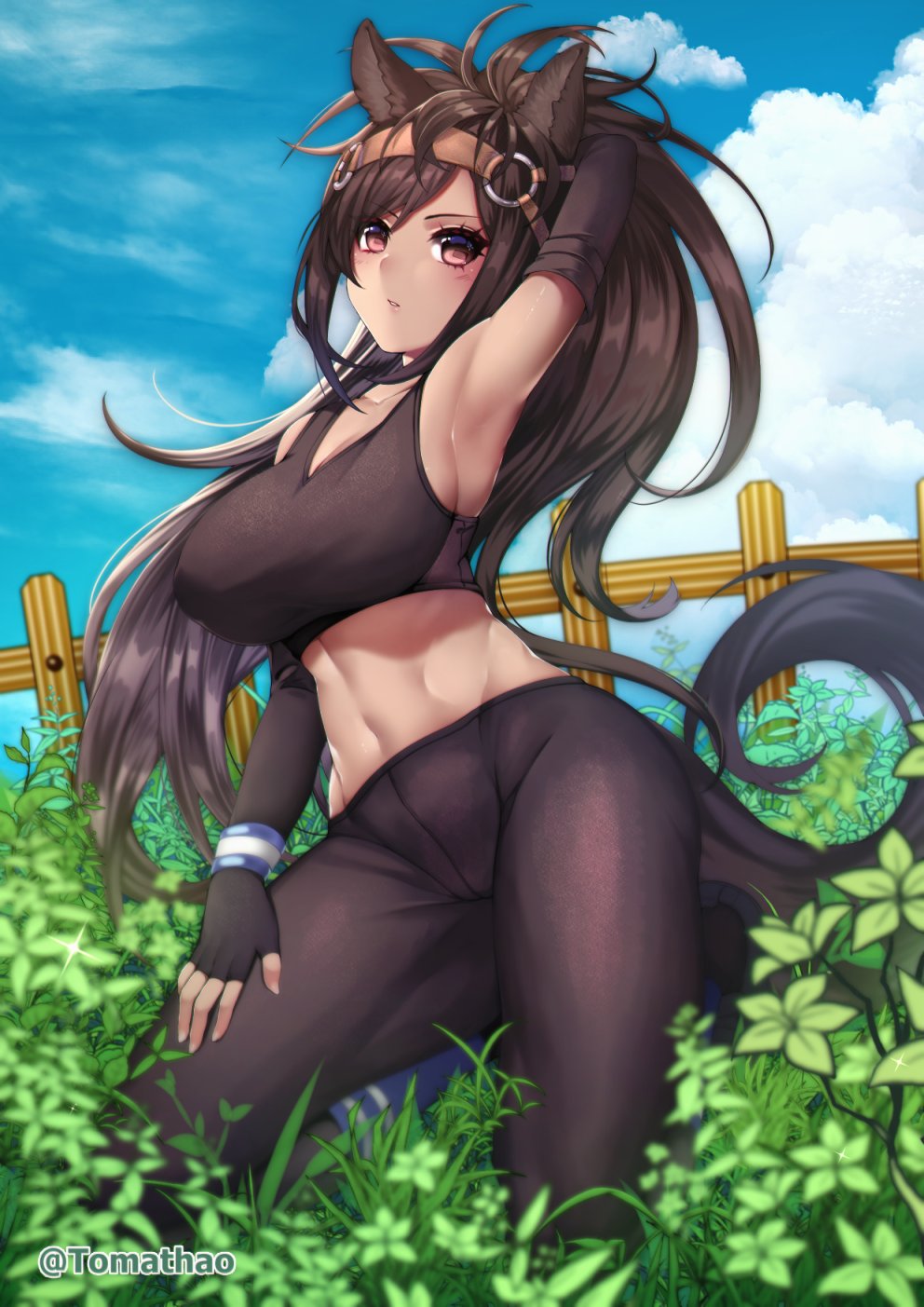 1girl animal_ears arm_up armpits black_gloves black_legwear blue_sky breasts bridle brown_eyes brown_hair brown_thoroughbred_(kemono_friends) cloud commentary dark_skin day elbow_gloves eyes_visible_through_hair fence fingerless_gloves gloves hairband highres horizontal_pupils horse_ears horse_girl horse_tail kemono_friends large_breasts long_hair looking_at_viewer midriff o-ring outdoors pantyhose plant ponytail sky solo sports_bra tail tomathao twitter_username very_long_hair wristband